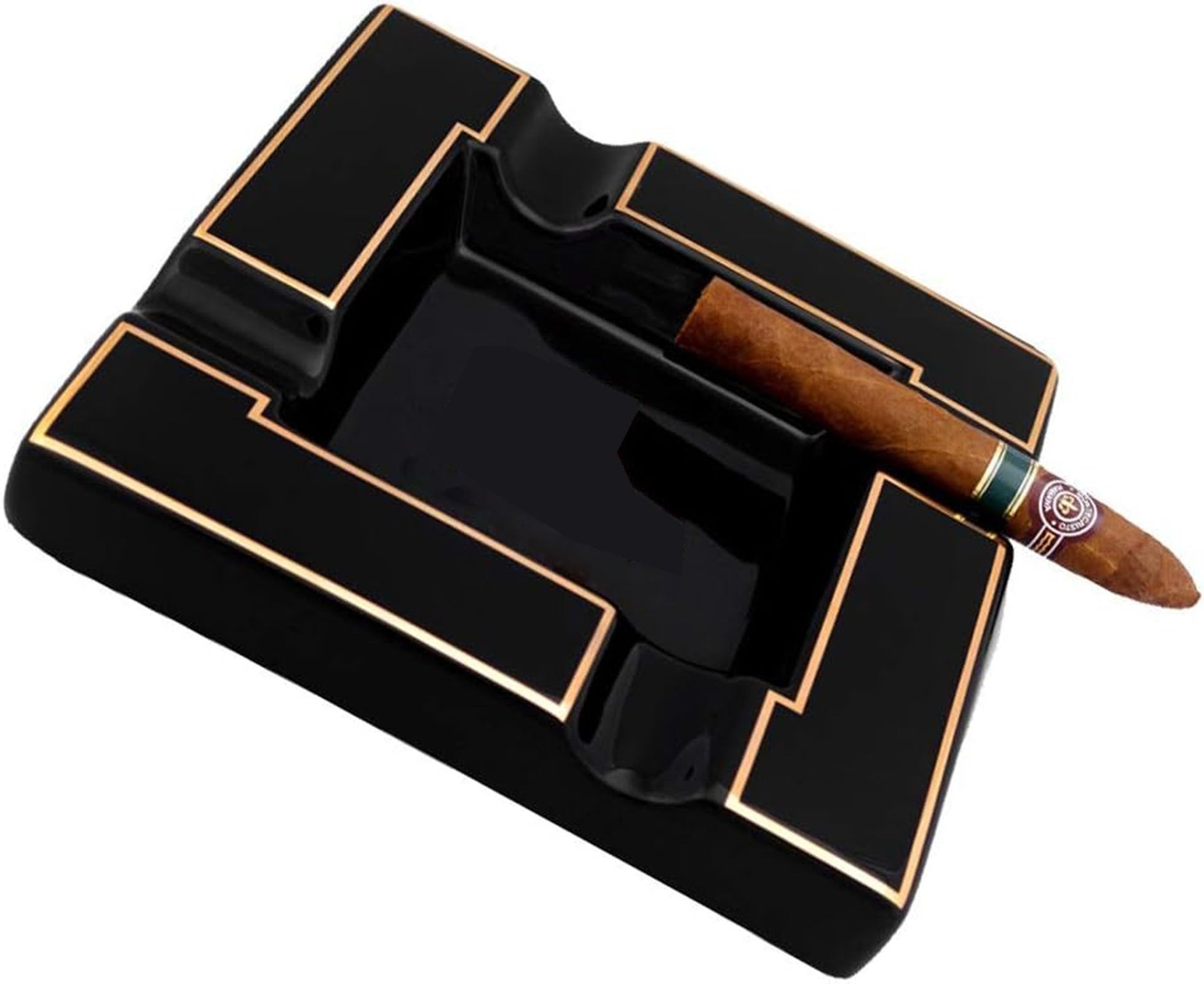 FOKH Cigar Ashtray Four Slot Square Ashtray Ceramic Creative Ashtray Large-caliber Cigar Flume Office Ashtray Household Ashtray (Color : Black, Size : 19 * 19 * 3cm)