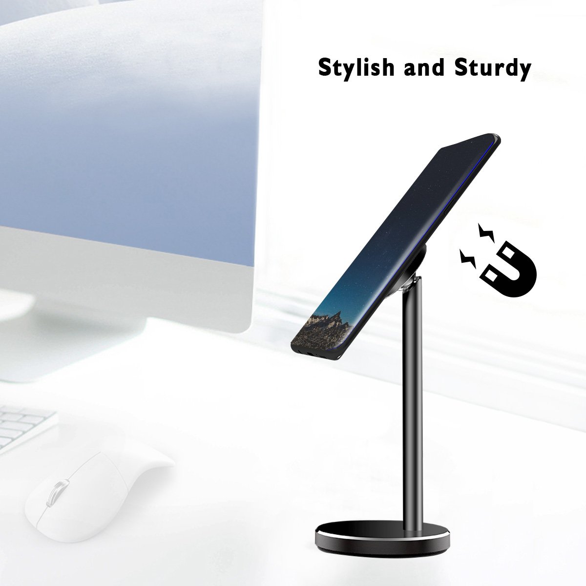 Licheers Magnetic Desktop Phone Stand, 360° Rotation Magnetic Tablet Mount Holder for Universal iPhone iPad, Samsung Galaxy Note, Face time Call and Watching Videos With Hands free (Black)…