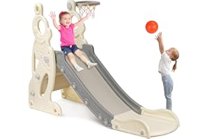 Woonyee Toddler Slide with Basketball Hoop & Ball, Indoor Kids Slide for Toddlers Age 1-5, Baby Slide Playset with Extra-Long Slope, Freestanding Outdoor Slides Playground, Toys for Toddlers