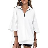 Fisoew Womens Oversized Sweatshirt Casual Zip Up V Neck 3/4 Sleeve High Low Pullover Tunic Tops