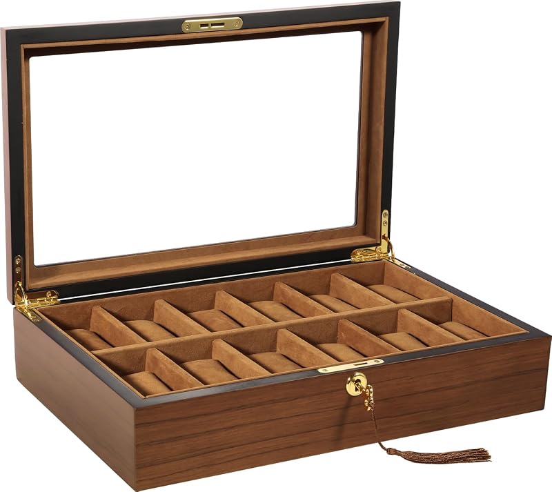 Uten 12 Slot Wooden Watch Box with Golden Lock and Key