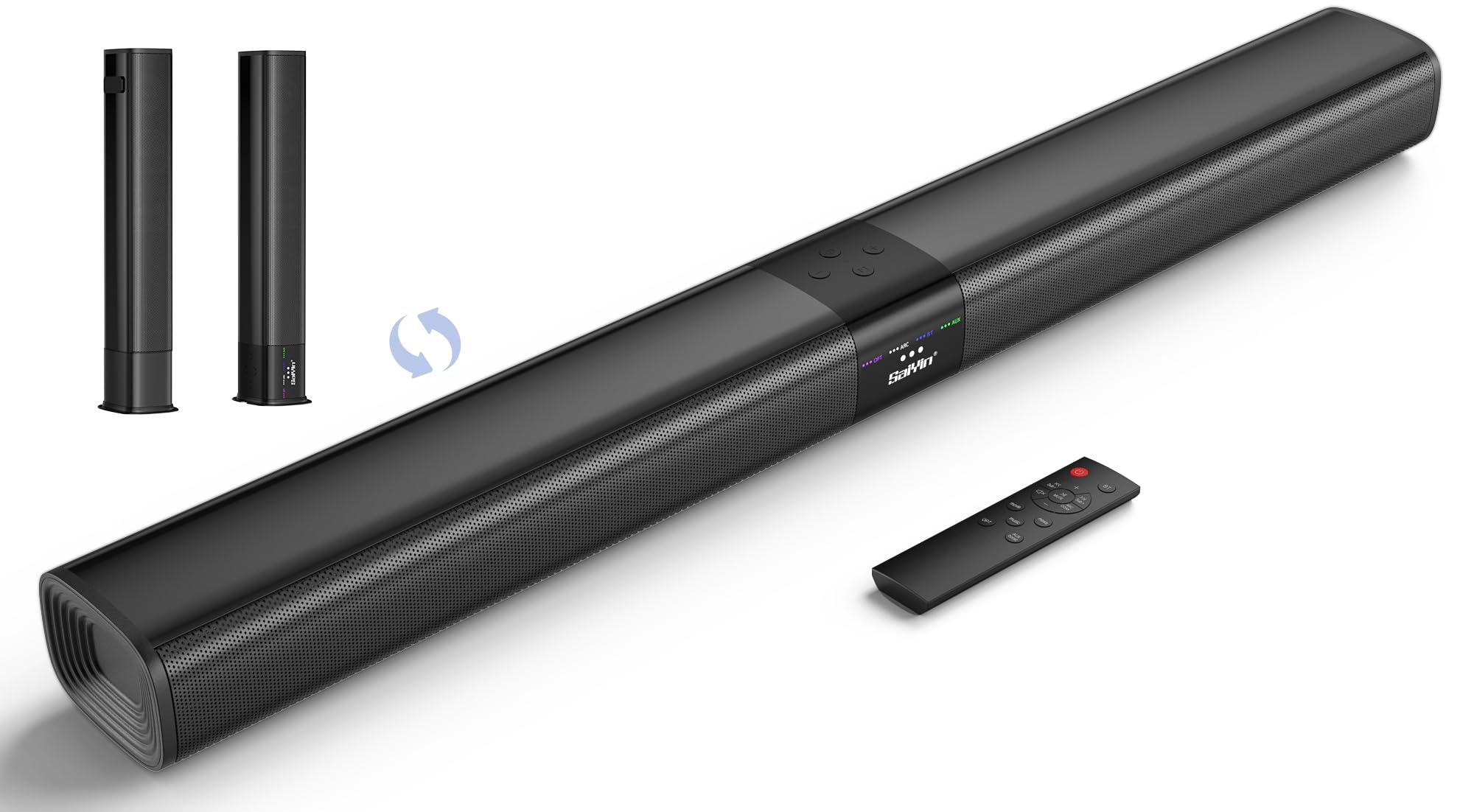 Photo 1 of ***DAMAGED - SEE NOTES/PICTURES***
Saiyin Sound Bar for Smart TV, 100W Soundbar with Crystal-Clear Vocals and Bluetooth 5.3/TV-ARC/Optical/AUX Input, Center Channel Speaker Surround Sound System for TV/PC/Gaming/Projectors