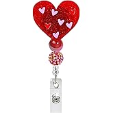 Valentines Badge Reels Retractable Red Heart Name Tag Holder Acrylic Glitter Badge Clip Heart Shape Decoration Badge Reel Valentine Badge Holder for Doctor Nurse Teacher Student Xmas Gift