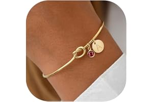 KOHOTA Initial Birthstone Gold Bracelets for Women Bridesmaid Proposal Gift Tie the Love Knot Cuff Bangle Bracelet 14K Gold Plated Adjustable Birthstone Bracelets Personalized A-Z Initial Charm Birthday Gift
