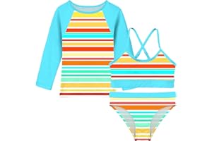 Vogseek 7-13T Girls 3pcs Bikini Swimwear with Long Sleeve Rashguard Shirts Quick Dry Swimsuits UPF 50+ Bathing Suits