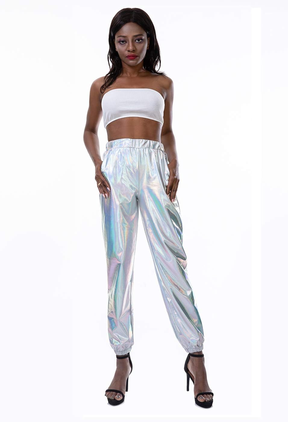 SIAEAMRG Womens Shiny Metallic High Waist Stretchy Jogger Pants, Wet Look Hip Hop Club Wear Holographic Trousers Sweatpant at  Women’s Clothing store