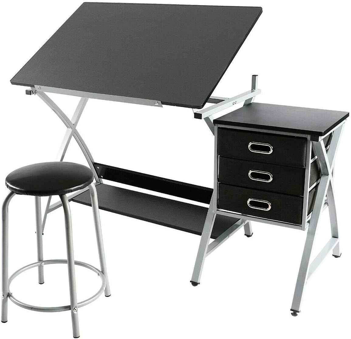 Drawing Desk With Padded Stool Multipurpose Drafting Painting Table Art Craft Hobby Studio Architect Work Adjustable Tabletop Angle Premium Steel Frame Construction 3 Drawers For Drawing Tools Storage