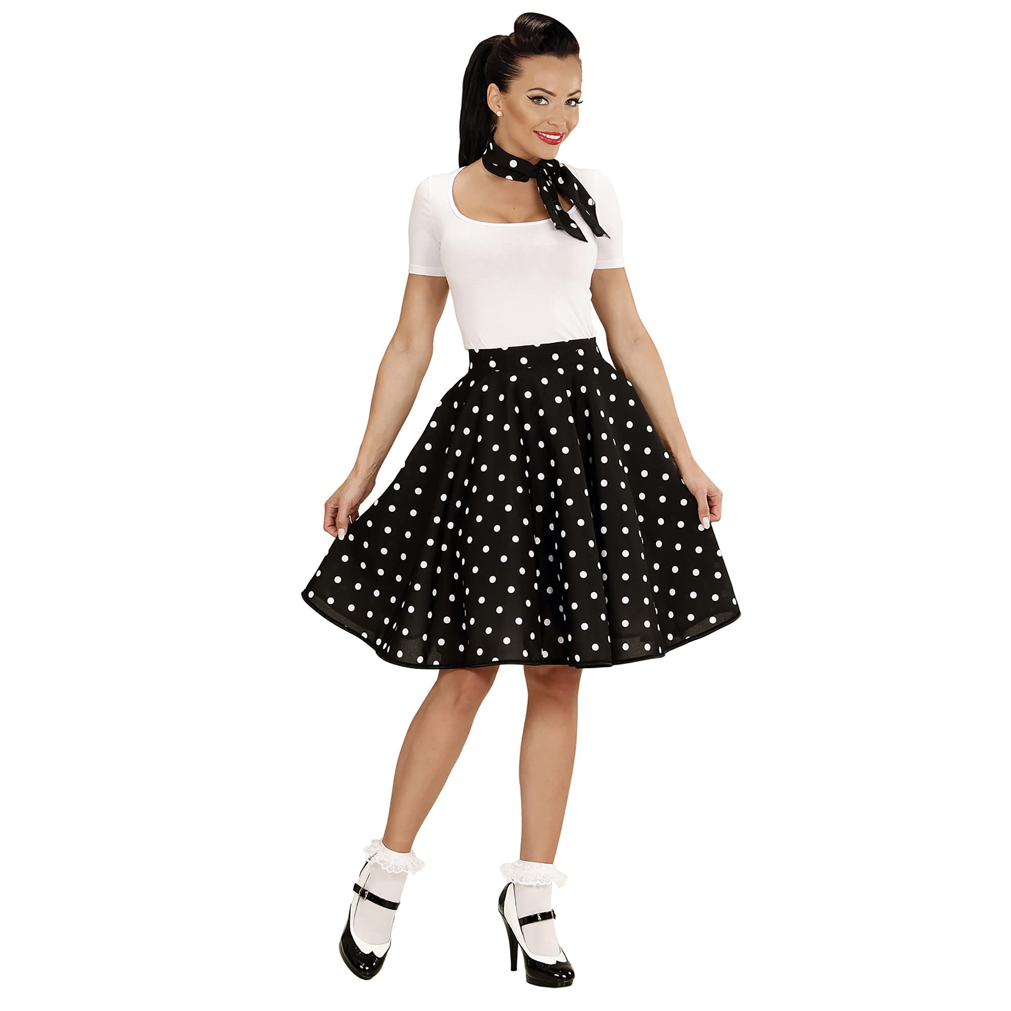 W WIDMANN MILANO Party Fashion - 50s Polka Dot Skirt and Scarf for Women, Rock'n'Roll, Twist, Carnival, Theme Parties, One Size for Adults, Black with White Polka Dots