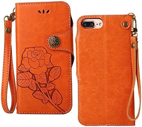 COOSTORE iPhone 7 Plus / 8 Plus Case, Retro Embossed Rose Florals PU Leather Flip Case Magnetic Wallet with Card Slots +Detachable Wrist Strap Case Design for Apple iPhone 7 Plus / 8 Plus,Orange