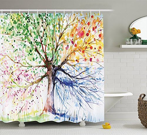 HottestRoom Four Seasons - Shower Curtain - Berry Green Red Yellow Navy Brown - Water, Soap, and Mildew resistant - Machine Washable - Shower Hooks are Included 36x72inch