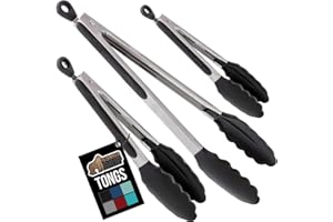 GORILLA GRIP Stainless Steel Heat Resistant Kitchen Tongs for Cooking, 7 + 9 + 12 Inch Set of 3 BBQ Tong, Non Scratch Silicon