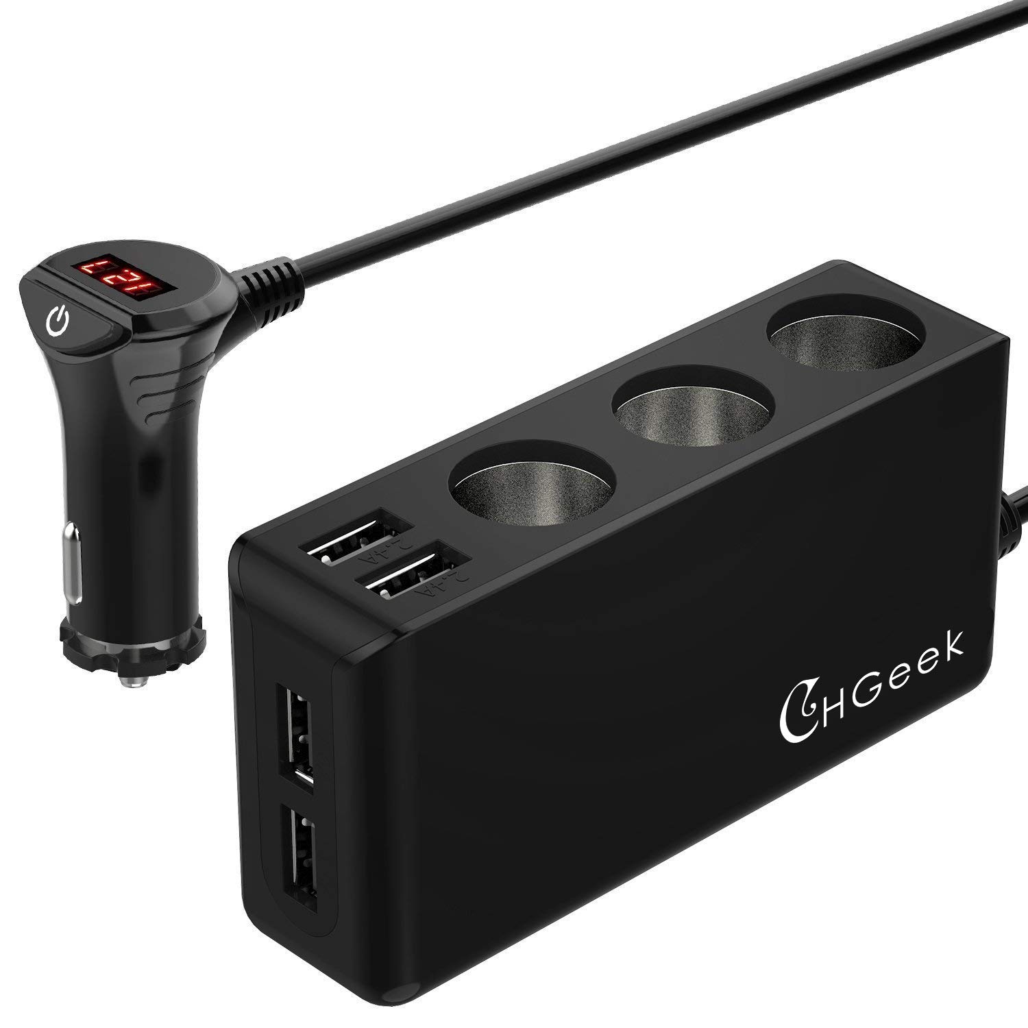 Tesla\'s 3-Socket Cigarette Lighter Car Charger, [Built in Temperature Smart Detection] 120W Car Power Adapter 12V/24V DC Outlet with 6.8A 4-Port Car Charger for GPS, Dash Cam, Radar Detector, Sat Nav; iPhone, Samsung, iPad, Kindle and Othe