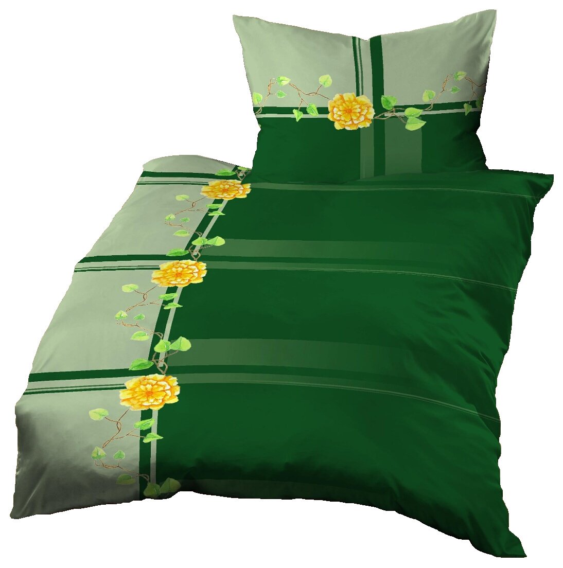Gerald Wittmann Renforcé Duvet Cover Set, 100% Cotton, Single Bed, Stripes with Flowers Green Yellow, 140x200 cm + 70x90 cm