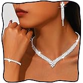 DRESBE Rhinestone Jewelry Set Silver Sparkly Crystal Necklace Earrings Set for Women