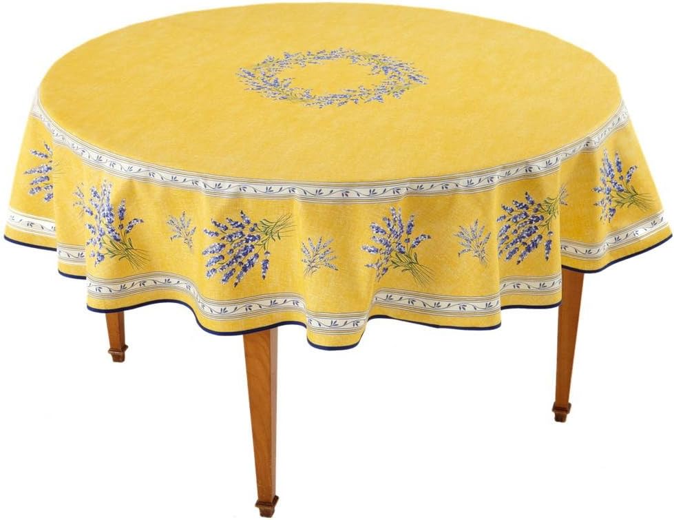 Occitan Imports Valensole Jaune Round French Tablecloth, Uncoated Cotton, 71 in Diameter