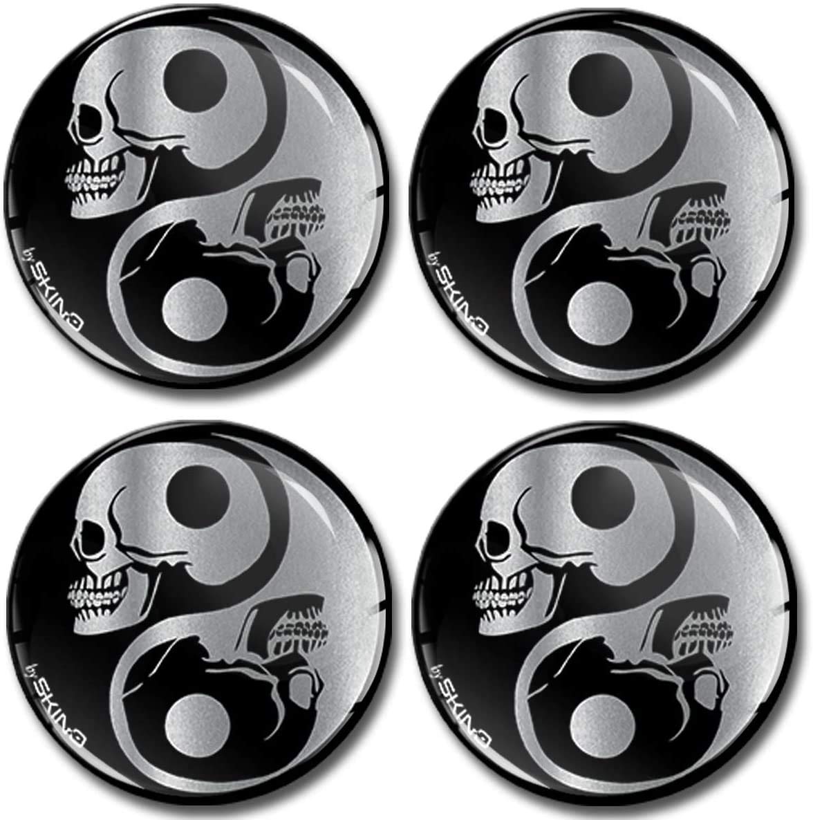 SkinoEu® 4 x 55mm 3D Gel Car Wheel Centre Universal Rims Hub Center Stickers Decals For Caps Vehicle Auto Tuning Emblem Skull Yin Yang Symbol Silver A 8255