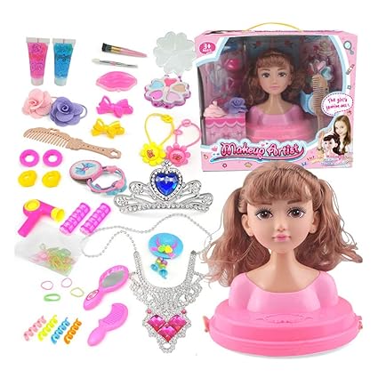 Leoie Makeup Doll Head Girls Playset with Beauty and Fashion Accessories [Deluxe Edition] Double Horsetail air Bangs