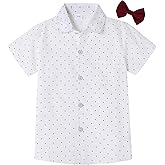 Boys Dress Short Sleeve Shirts Classic Formal Button Down Shirt with Removable Bow Tie for 6-10 Years