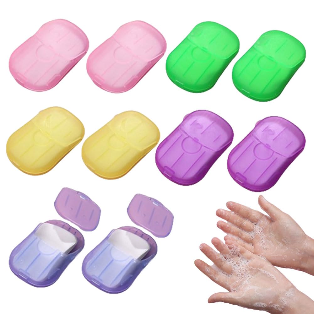 10 Boxes Portable Hand Soap Flakes Disposable Paper Soap Mini Scented Slice Sheets with Storage Box Paper Soap Sheets for Hand Washing Foaming Paper Soap Flakes for Travel Outdoor Hand Washing