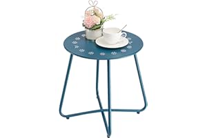 danpinera Outdoor Side Tables with Flower Cut Outs, Weather Resistant Steel Patio Side Table, Small Round Outdoor End Table Metal Side Table for Patio Yard Balcony Garden Navy Blue