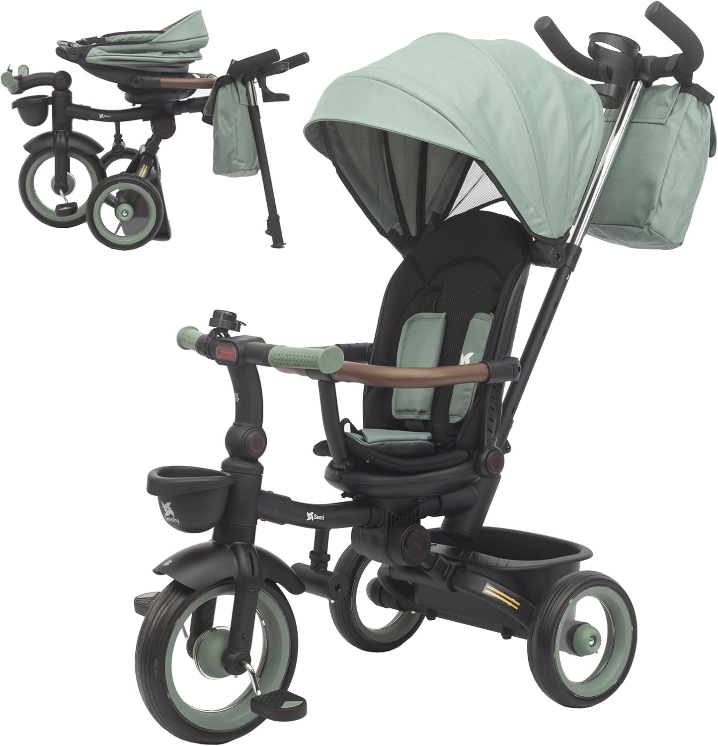 Twinly Foldable Baby Trike 1–5 Years with Reclining and Reversible Seat – Grows with Your Child, 5-Point Safety Harness, Brake and Protective Bar SAMI (Dark Green)