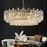 XIAOQIWU 31.5" Gold Crystal Chandeliers Fully Transparent Crystal Modern3-Tier Luxury Pendant Light 12-Light Ceiling Pendant 
