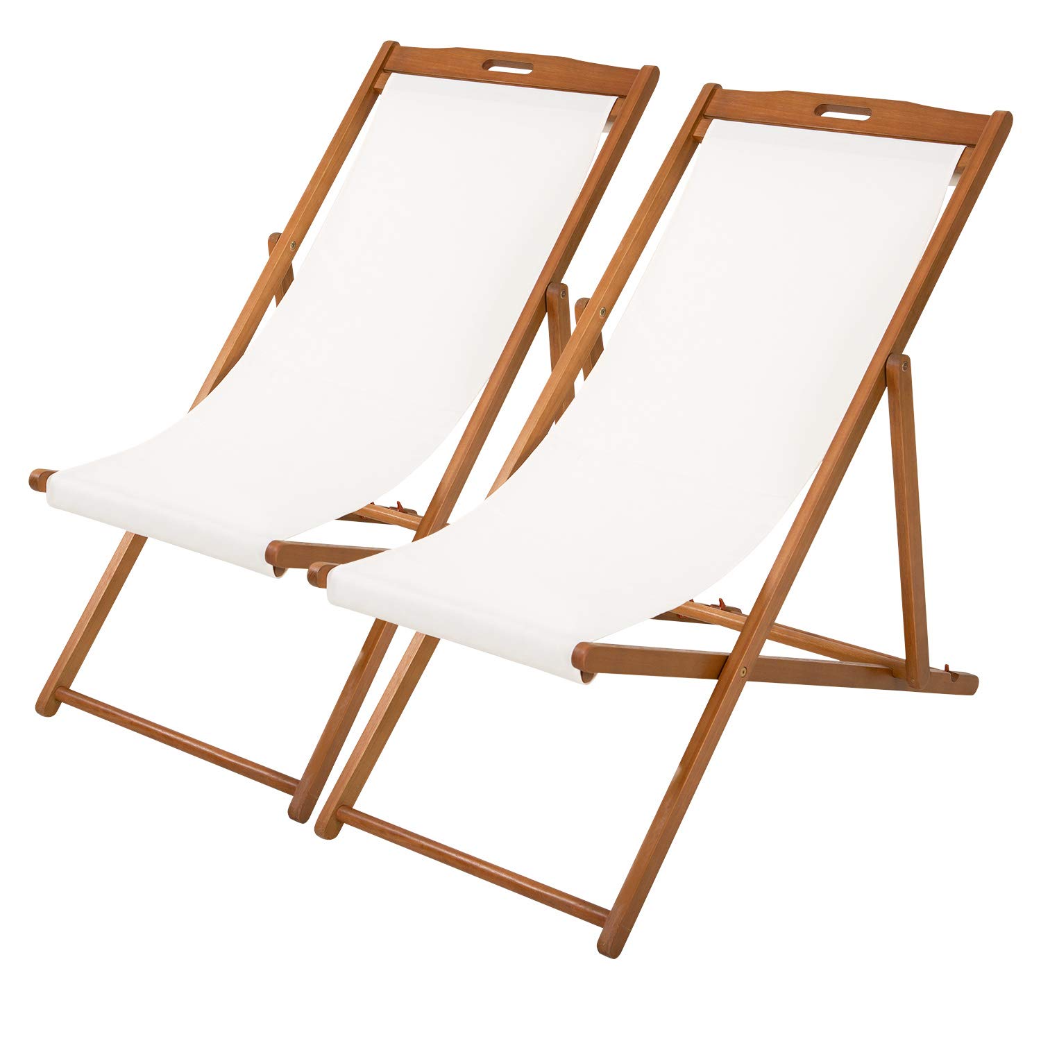 Beach Sling Chair Set Patio Lounge Chair Outdoor Reclining Beach Chair Wooden Folding Adjustable Frame Solid Eucalyptus Wood With White Polyester Canvas 3 Level Height Portable Set Of 2