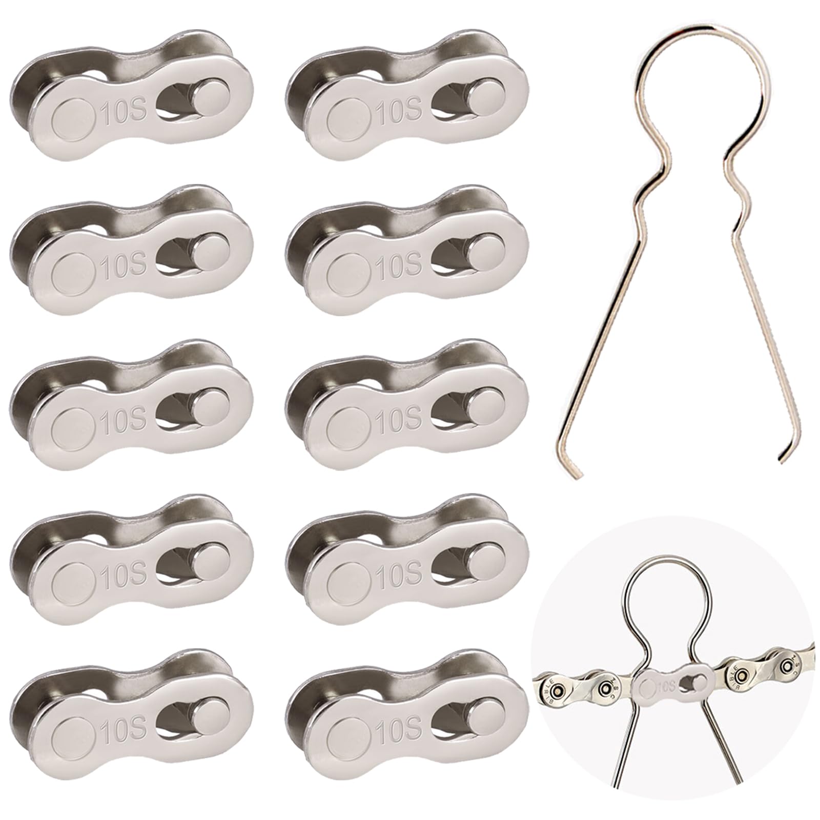 KASESSS 10Pairs Bike Chain Link, Reusable 10 Speed Chain, High Strength Steel Bicycle Chain, Mountain Bike Chain with Simple Chain Link Removal Tool,Bicycle Missing Link for Road Mountain Bike(Silver)