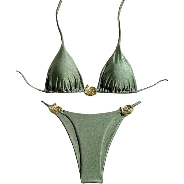 SweatyRocks Women's 2 Piece Bikini Set Tie Back Halter Strap Cutout Backless Swimsuit Shell Chain High Waist Swim Bathing Suit Teal Blue S
