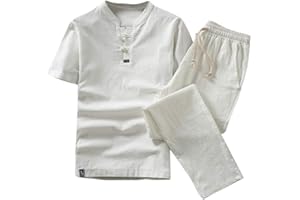 Dgoopd Men's 2 Pieces Cotton Linen Set Short Sleeve Henley Shirts Casual Beach Pants Summer Yoga Outfits Loose 2 PC Outfit