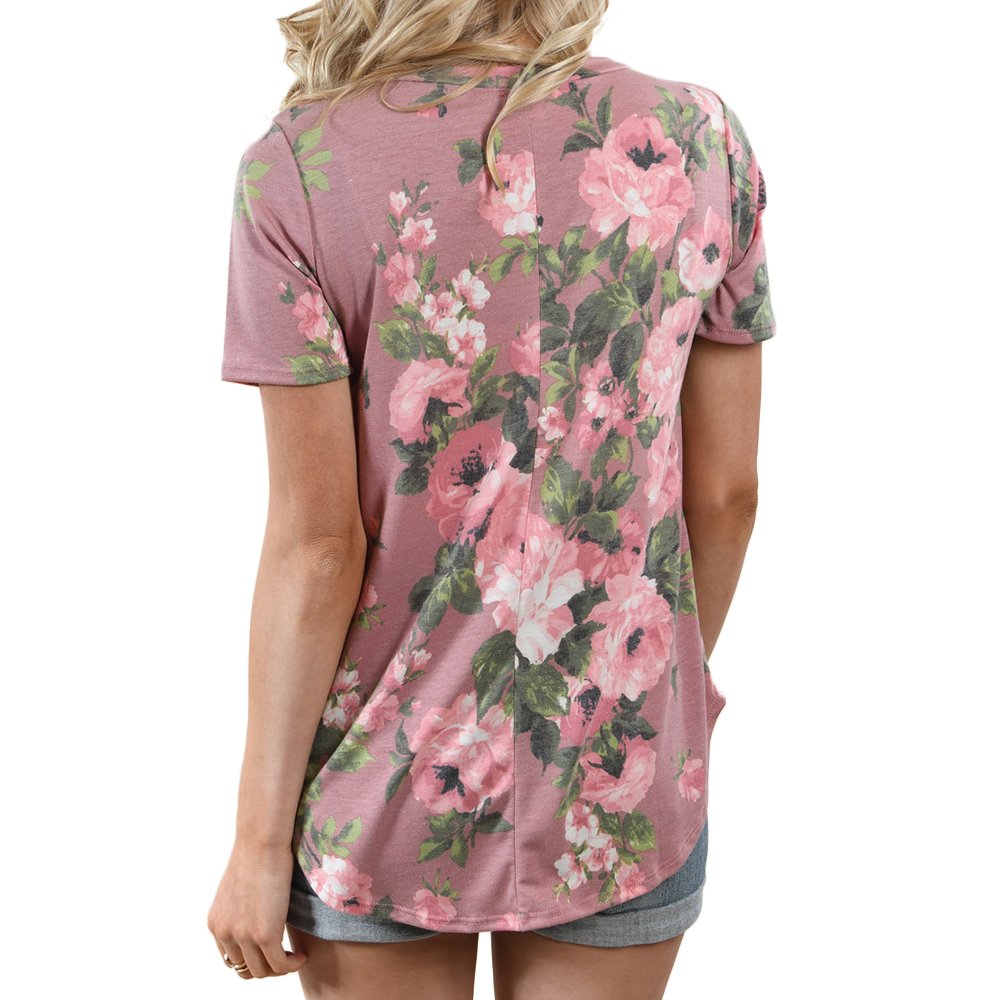 V-Neck Floral Printed Tunic Tops Flowers Patterned Casual Short Sleeve Blouse for Women (M, Pink)