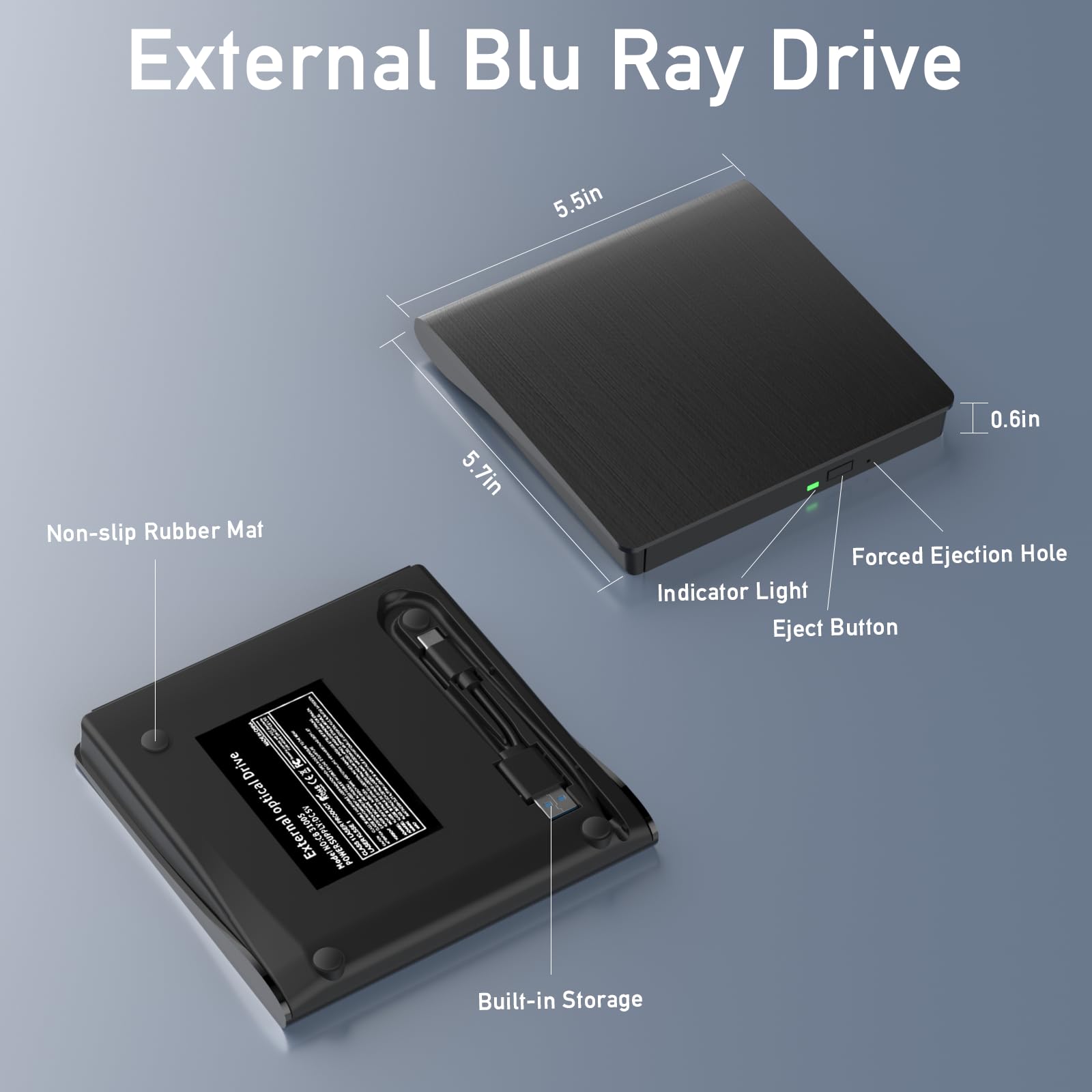 External Bluray Drives, Portable 3D External Blueray/DVD Drive for Pc, Support 50G Disc R/W USB 3.0 Type-C Blu Ray Burner for Laptop, External Bluray Burner Compatible with Windows, Mac OS, Linux