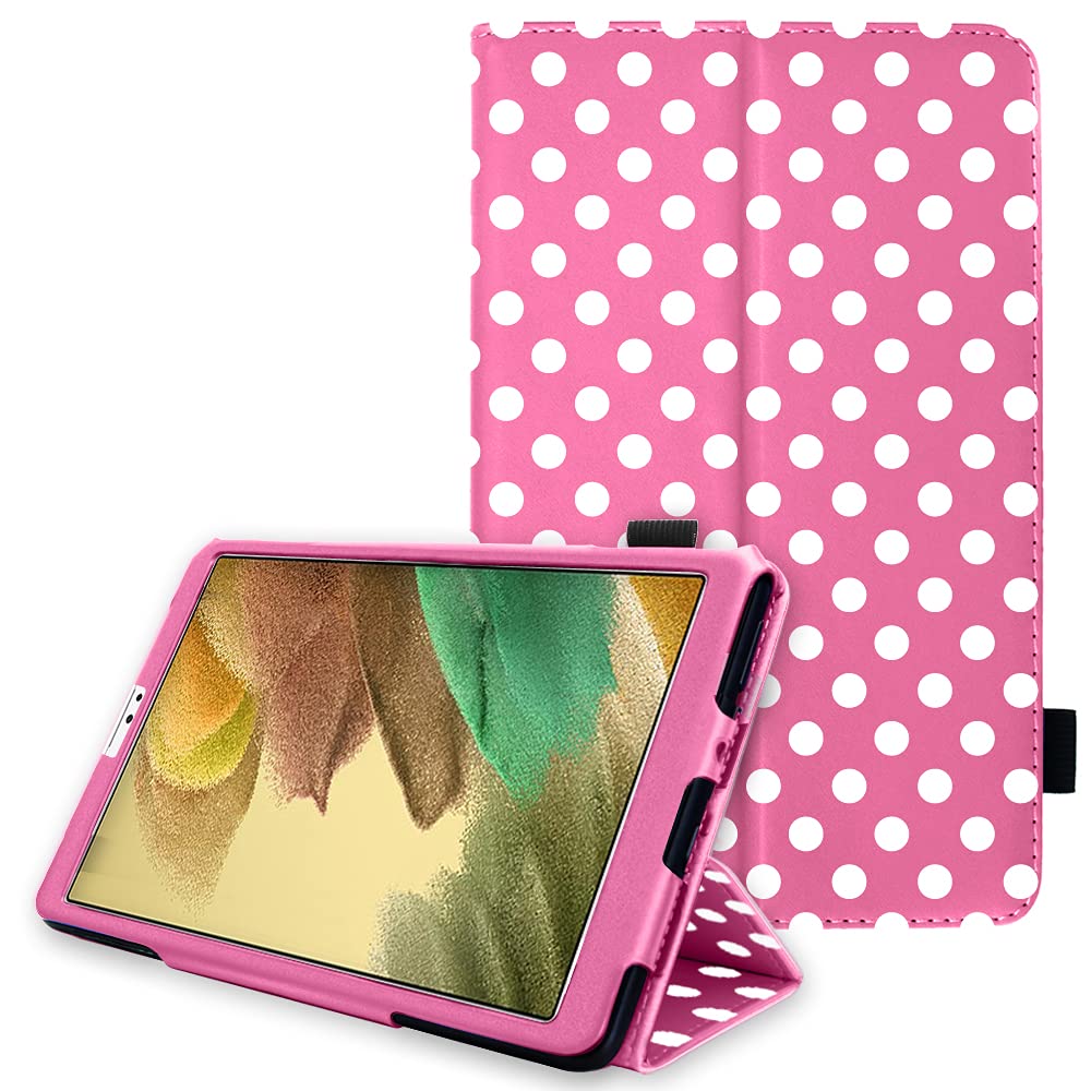 TECHGEAR Leather Case for Samsung Galaxy Tab A7 Lite 8.7" (SM-T220 / SM-T225) Premium PU Leather Slim Folio Stand Case Cover with Hand Strap [Polka/Pink] — image 1