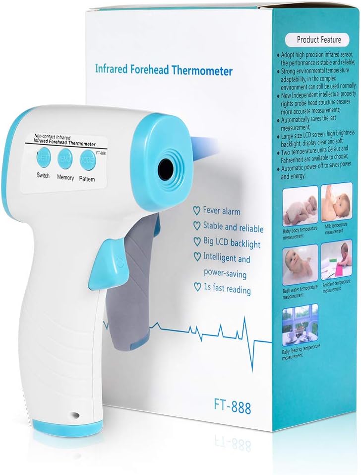 Forehead Digital Instant-Read Thermometer, Non-Contact Infrared Thermometer with Fever Alarm and Memory Function, Accurate Temperature Gun for Kids and Adult, FDA and CE Approved