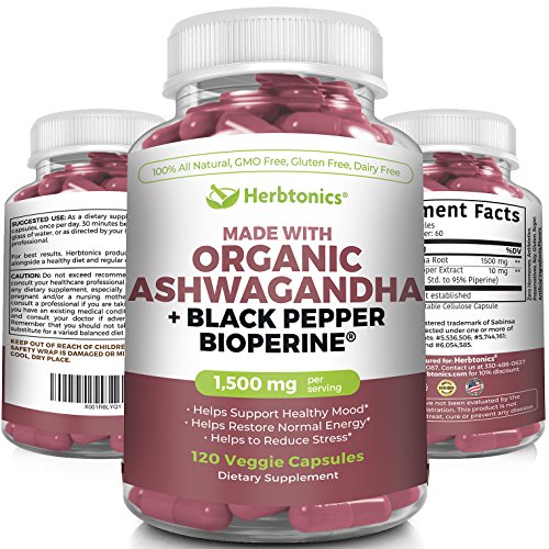 Organic Ashwagandha with Black Pepper (Bioperine) 1500 MG l 120 Capsules- Supplement- Mood Supplement- Ashwagandha Capsules Stress Anxiety Supplement Stress Support & Mood Enhancer Support