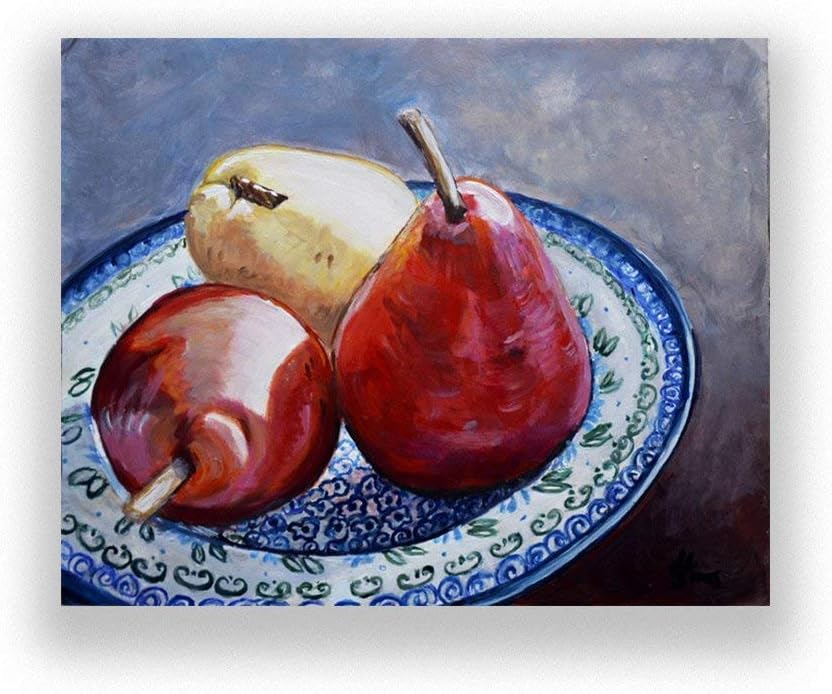 Polish Pottery Bowl and Pears Still Life Fine Art Print Pictures for Kitchen Wall Decor Giclee, size mat option