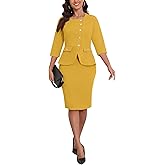 Suit Sets Women 2 Piece Skirt Dressy 3/4 Sleeve Blazer Jackets Midi Pencil Skirt Sets Business Formal Dress Suit Set