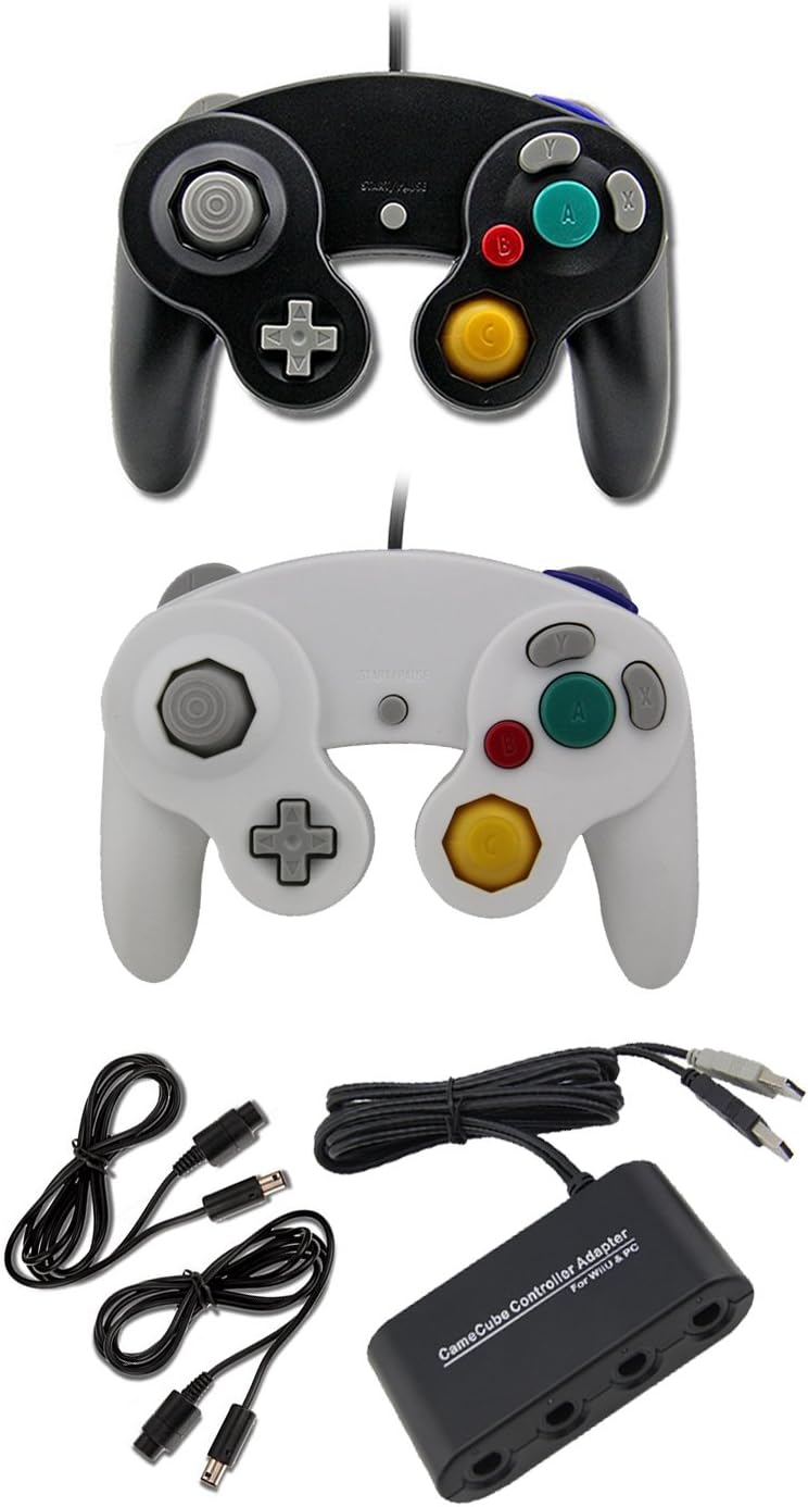 Gamecube Adaptor 2 Controllers 2 Extension Cords Smash Bros Bundle – 2 Wired Gamecube/Compatible for Wii Switch Controller (Black & White) Set by MarioRetro