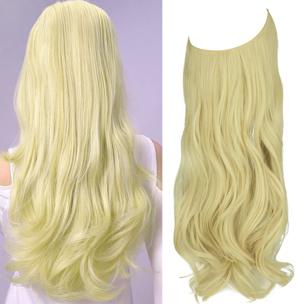 Hair Extension Halo Bleach Blonde Highlight Long Synthetic Hairpiece Curly Wavy 18 Inch 4.2 Oz Hidden Wire Headband for Women Heat Resistant Fiber No Clip OMGREAT