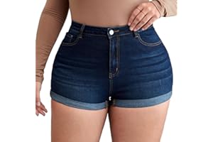 MapleHub Plus Size Denim Shorts Women High Waisted Ripped Folded Hem Jean Shorts
