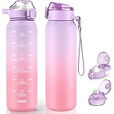SLUXKE Stainless Steel Insulated Water Bottle 32oz with Handle, 1L Double Wall Insulated Bottle with Time Marker BPA Free, 1000ml Metal Water Flask for Outdoor Working School PURPLE PINK