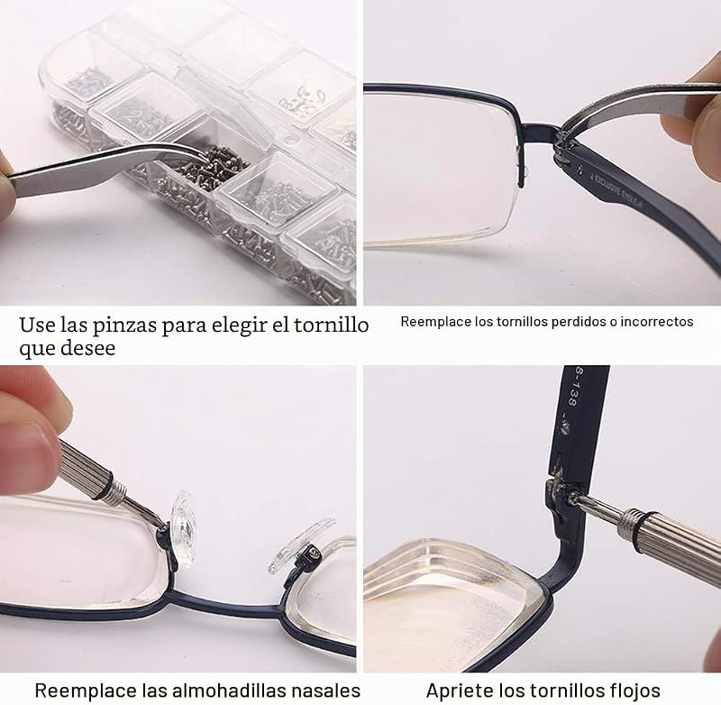 Kit de reparación de lentes, 1100 tornillos pequeños y 5 pares de almohadillas de nariz de acero inoxidable con pinzas de micro destornillador para gafas, gafas de sol, reparación de relojes — foto 6 de 7