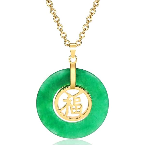 thumbnail image 2 of Natural Green Jade Pendant With Yellow Gold Plated Chain - Fortune Luck Necklace 2 of 5