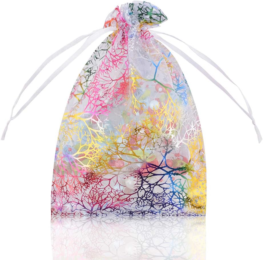 100 PCS Organza Gift Bags Wedding Party Favor Jewellery Packing Pouches, YFZYT Transparent Net Yarn Organza Bags Bronzing Design for Party Wedding Favor Gift - 13 * 18cm, White A