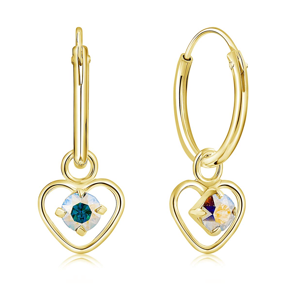 DTPsilver® 925 Sterling Silver Yellow Gold Plated SMALL Hoops Earrings & Dangling Heart with 3 mm Crystals from Swarovski® Elements - Thickness 1.5 mm - Diameter: 14 mm - Colour : Aurora Borealis