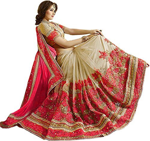 regent-e fashion women's satin & net half & half embroidery work with real diamond's material saree