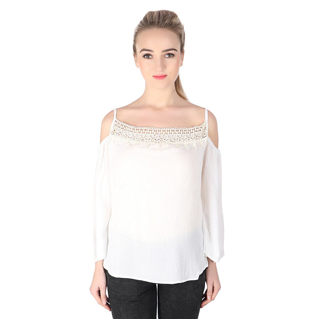 papsara white rayon cold shoulder women top