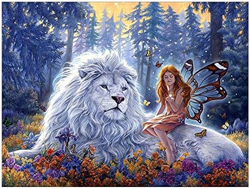 HEWADY DIY 5D Diamond Painting Kit,Fairy and the Lion Crystal Full Diamond Rhinestone Painting By Number Cross Stitch Kit Embroidery Craft Home Decor (15.8'' x 11.8'')