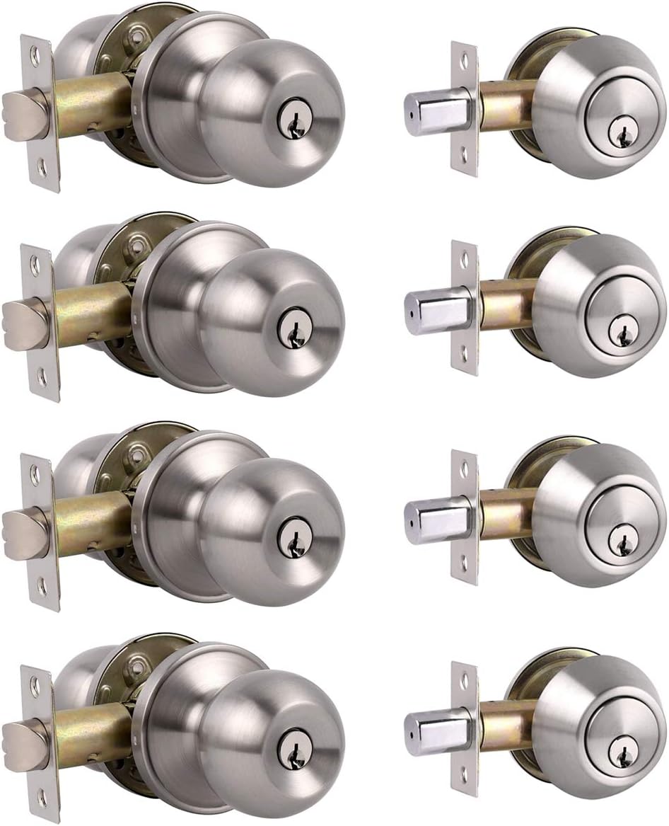 4 Pack Keyed Alike Entry Door Knobs and Single Cylinder Deadbolt Lock Combo Set Security for Entrance and Front Door with Classic Satin Nickel Finish