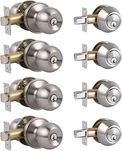 4 Pack Keyed Alike Entry Door Knobs and Single Cylinder Deadbolt Lock Combo Set Security for Entrance and Front Door with Classic Satin Nickel Finish